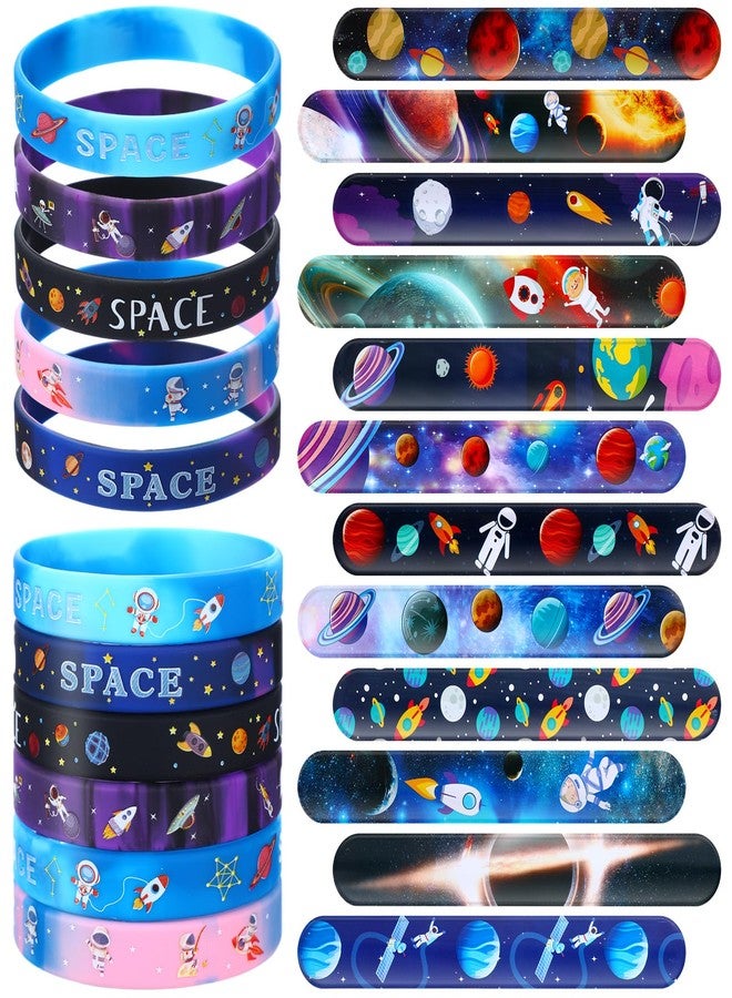 Realspring 48 Pcs Outer Space Party Favors 24 Space Slap Bracelets 24 Silicone Wristbands Galaxy Astronaut Bracelets Bulk for Kids Classroom Rewards Stars Solar System Planet Birthday Party Supplies - Image 1